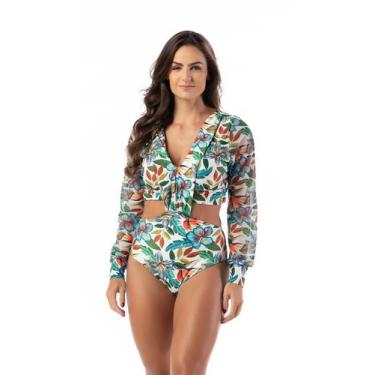 Imagem de Maiô Feminino Manga Longa Tule Com Bojo Resort Praia - Kosh, Azul, EG