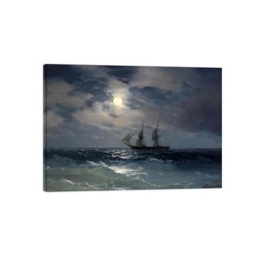 Imagem de Ivan Aivazovsky Impressão de arte de parede em tela - Imagem de arte em tela com moldura de madeira - Pôster de reprodução de pintura famosa para decoração de casa - barco ao luar 80 x 110 cm 31 x 43
