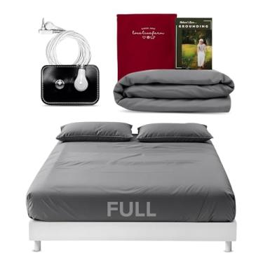 Imagem de Lençóis de aterramento de terra tamanho casal (cinza) – lençóis de aterramento macios de 400 fios com algodão, fibra prateada – Cordão de aterramento reforçado para condutividade – Lençóis de cama com