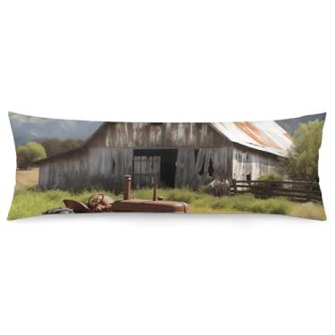 Imagem de Capa de travesseiro de corpo de trator enferrujado de celeiro de madeira ultra macia respirável com zíper decorativo fronha de cama fronhas para sofá de quarto, 51 x 137 cm