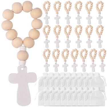 Imagem de 20 peças de rosário de madeira a granel, conjunto de contas católicas de madeira com pendente de crucifixo vem com sacos de malha branca para batismo de primeira comunhão confirmação de baby shower