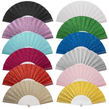 Imagem de SiissaPeksid Pacote com 12 ventiladores de mão, ventilador dobrável de glitter com nervuras transparentes brilhantes – Ideal para casamento, igreja, festival, dança, festa de chá, clube e acessórios