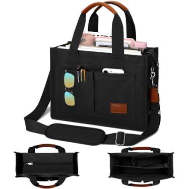 Imagem de KKXIU Bolsa feminina grande de lona com zíper e compartimentos, bolsa carteiro bíblica de trabalho transversal com bolsos, Preto, Large