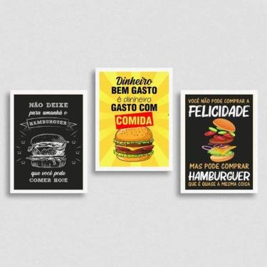 Imagem de Kit 3 Quadros Hambúrguer Frases 24X18Cm Madeira Branca
