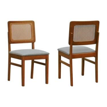 Imagem de Kit 2 Cadeiras Madeira Maciça Lyon Encosto Telinha Amêndoa - Amêndoa - Assento Estofado Linho Cinza Mescla Impermeável