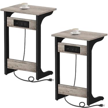 Imagem de TUTOTAK Mesa de canto em forma de C com estação de carregamento, conjunto de 2, bandeja de sofá para TV com 2 portas USB e tomadas, mesa lateral de sofá para espaços pequenos, sala de estar, quarto