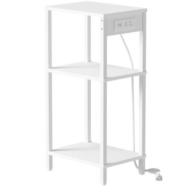 Imagem de Creso hom Mesa de cabeceira alta com estação de carregamento e portas USB, mesa de cabeceira estreita de 3 camadas com armazenamento, mesa de cabeceira fina com tomadas para quarto, sala de estar
