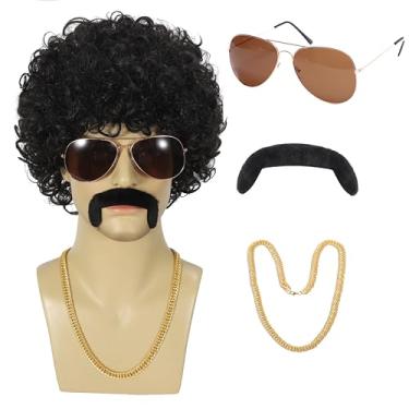 Imagem de MIHOYAXU Peruca Afro Masculina 70 Discoteca Fantasia com Óculos Colar Bigode e Touca Peruca Natural Fofo Curto Preto Curto Peruca de Cabelo Sintético para Festa de Halloween Natal Cosplay (Estilo-C)