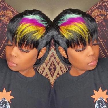 Imagem de PurpleSexy Mullet Pixie Perucas para mulheres negras tainha em camadas curtas Pixie peruca de cabelo humano liso com franja sem cola, chique, elegante, cabelo humano virgem brasileiro liso