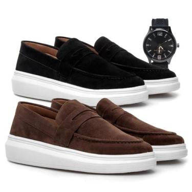 Imagem de Kit 2 Mocassim Masculino Sola Alta Macio Loafer Derby em Camurça Costu