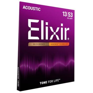 Imagem de Elixir Cordas, cordas de guitarra acústica, bronze 80/20 com revestimento NANOWEB, tom brilhante e focado de longa duração com sensação confortável, conjunto de 6 cordas, luz HD 13-53