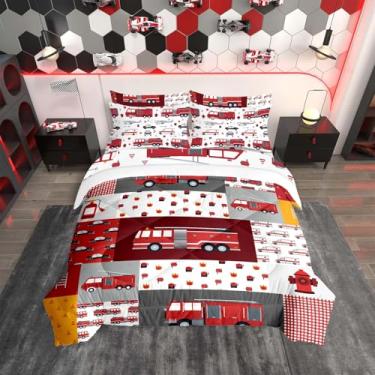 Imagem de Yasida Jogo de cama solteiro de caminhão de bombeiros para meninos, 7 peças, edredom de solteiro, caminhão de bombeiros, com lençóis, edredom de verão em uma bolsa, roupa de cama infantil de