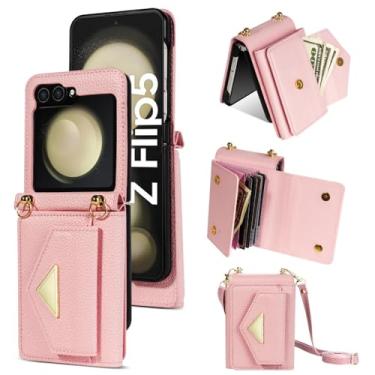 Imagem de Carteira crossbody com suporte para cartão capa de telefone para Samsung Galaxy Z Flip 6 5 4 3Flip6 Flip5 Flip4 Flip3 Capa de couro, rosa, para Galaxy Z Flip5