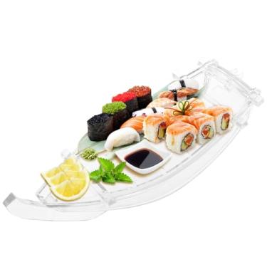 Imagem de Bandeja de servir sushi, prato de servir de barco de sushi de plástico reutilizável de 35 cm, bandeja de sushi estilo japonês, bandeja decorativa removível de sushi para casa, cozinha, restaurante