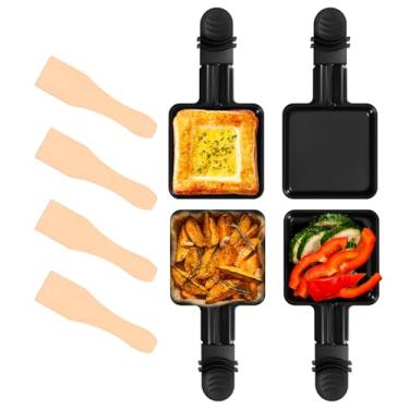 Imagem de 4 frigideiras de raclette, frigideiras quadradas de aço carbono de 8,89 cm com espátula de madeira, frigideira antiaderente com alça antiqueimaduras, pratos de raclette de substituição/adicionais para