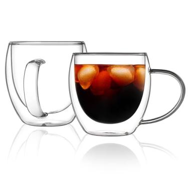 Imagem de CNGLASS Canecas de café de vidro de parede dupla com alça, canecas de vidro isolado de 350 ml com alça, xícaras de café expresso transparentes para latte, cappuccino, saquinho de chá, conjunto de 2
