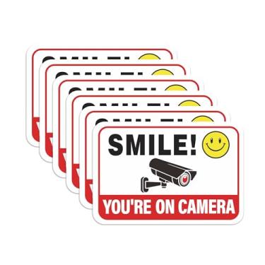 Imagem de 6 peças de adesivo Smile Your On Camera, autoadesivo à prova d'água vermelho para câmera de segurança, você está sendo gravado para casa, escritório, loja, porta (15 cm x 9,9 cm)