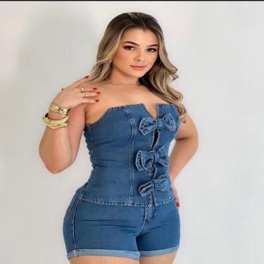 Imagem de Conjunto Cropped sem alça e Short Jeans Feminino - A.M Modas, Azul, 40