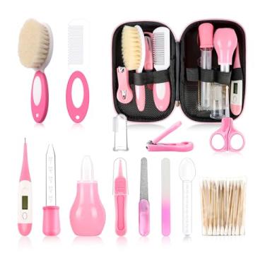 Imagem de Kit de cuidados para bebês, conjunto de cuidados de segurança infantil com pente de escova de cabelo, cortador de unhas, aspirador nasal, kit essencial para bebês recém-nascidos e meninos (kit rosa