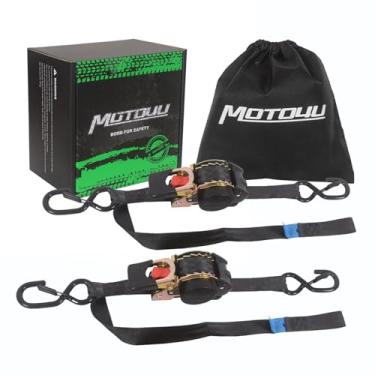 Imagem de MOTO4U Pacote com 2 correias de catraca retráteis automáticas | 2,5 cm x 3 m (resistência à ruptura de 680 kg) | Correias de amarração para motocicletas resistentes com laços macios integrados para