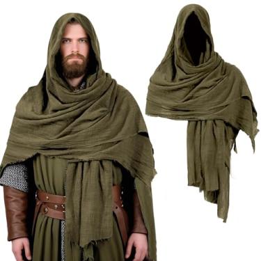 Imagem de ZZXIAOJIE Capa de xaile medieval com capuz, cachecol renascentista, vintage, pirata, capa de feiticeiro, fantasia de cosplay de Halloween, Verde militar, Tamanho Único