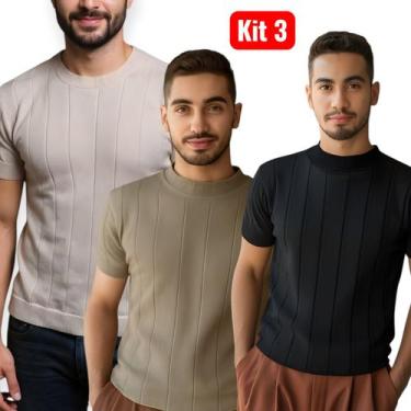 Imagem de Kit 3 Camiseta masculina Camisa Social Malha Contraste Tricô de malha 