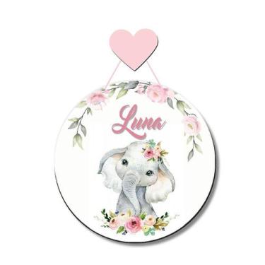 Imagem de Enfeite Porta Maternidade Bebê Nome Personalizado Elefantinha Aquarela