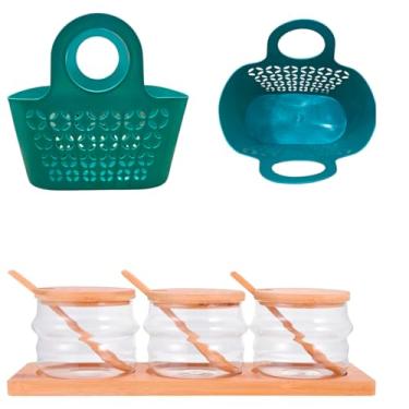 Imagem de Kit 3 Porta tempero e Colher de Madeira e Sacola Ecológica (verde)