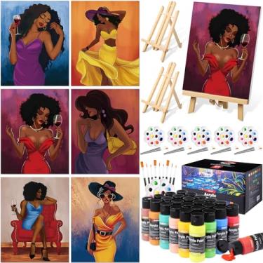 Imagem de AmazingSpark Conjunto de 6 kits de pintura e sip para adultos tela pré-desenhada de 20 x 25 cm para pintura DlY conjunto de pintura acrílica painéis de lona cavalete de madeira, 24 cores 60 ml 56,7 g