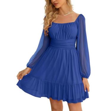 Imagem de Vestido Wenrine Mesh, manga comprida, gola quadrada, uma linha, azul, 