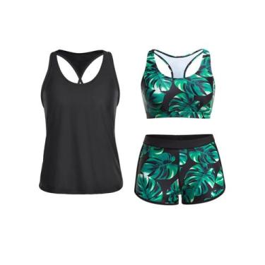 Imagem de Maiô Tankini Yonique, 3 peças, atlético para mulheres, preto/verde
