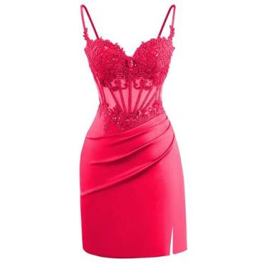 Imagem de Vestido de festa Clothfun Sweetheart Lace Applique rosa choque