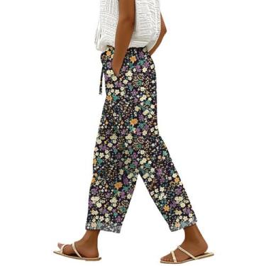 Imagem de Calças Cobiako Boho Floral de Linho Elástico de Cintura Alta com Bolso