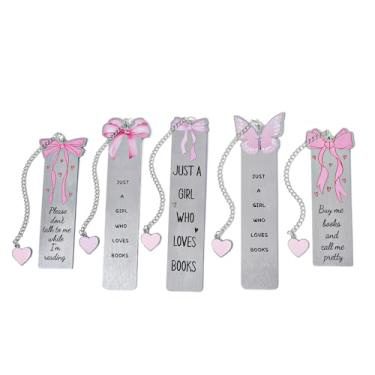 Imagem de Marcador de página de aço inoxidável com laço rosa - impresso com lindos padrões de laço e equipado com pingentes de coração, ideal para leitoras, presente de aniversário perfeito para namoradas (5
