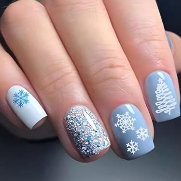 Imagem de Pregos postiços quadrados curtos de Natal com desenhos de floco de neve, unhas com glitter, cola brilhante nas unhas, unhas de acrílico de inverno, azul, cobertura total, unhas artificiais, 24 peças