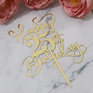 Imagem de Ruscalin Happy 25th Birthday Cake Topper，Mirrored Gold Acrylic Birthday Topper for Cheers to 25 Years Birthday/Anniversary Party Decoration Ideas, Perfect Keepsake for your family and friends (25th)