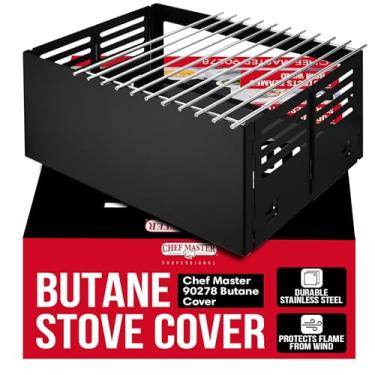 Imagem de Capa de fogão a butano, aço preto premium, ajuste universal para fogões de acampamento de qualquer tamanho padrão, protetor de vento dobrável para armazenamento fácil, capa de vento de fogão para