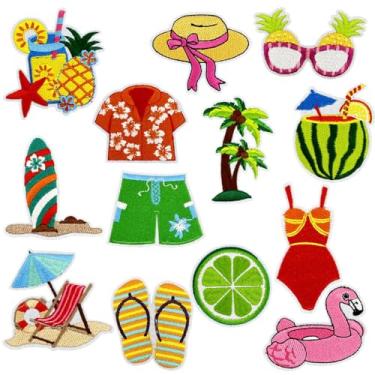 Imagem de 13 pacotes de adesivos de praia de verão bordados tropicais havaianos costurados lindos óculos de sol de praia coqueiro chapéu de sol chapéu de ferro em aplique DIY acessório de artesanato para roupas
