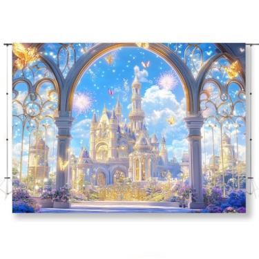Imagem de KUKUSOUL Pano de fundo de castelo de 2,1 x 1,5 m, pano de fundo de princesa, palácio de conto de fadas azul, suprimentos de festa infantil, adereços para fotos KUBSJ007