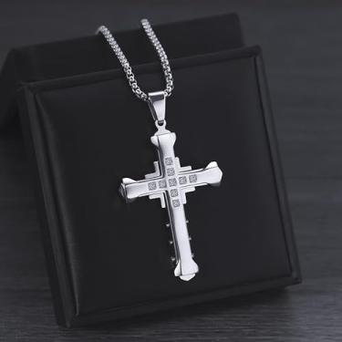 Imagem de Colar masculino de cruz, colar com pingente de cruz de aço inoxidável, colar com pingente de cruz de diamante de zircônia cúbica