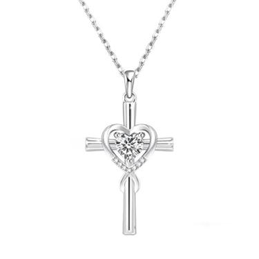 Imagem de Colar com pingente de cruz em forma de coração vazado para mulheres, banhado a prata, redondo, zircônia cúbica, incrustado, elegante, colar de corrente ajustável, moderno, joias delicadas, presente