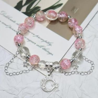 Imagem de Pulseira feminina de cristal e lua estrela, pulseira celestial de contas de vidro com pingente de estrela e lua, pulseira elástica com tema de galáxia boêmia, ajustável, presente de joias, One Size