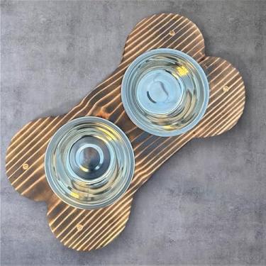 Imagem de Comedouro Elevado Pet em Madeira Pinus com Tigelas Inox – Design Minimalista para Cães de Porte Pequeno, Médio e Grande(Queimado 20cm c2 pote 650ml)