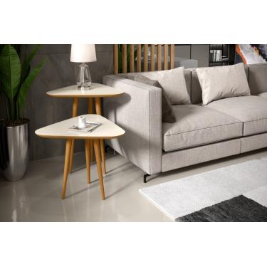 Imagem de Mesa Lateral e Apoio 3 Pontas Pés Palito cor Off White / Freijó