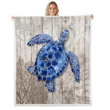 Imagem de Cobertor de cama com tema náutico de tartaruga marinha para crianças, meninas, macio, aconchegante, leve, rústico, de lã de pelúcia, cobertor coral, presentes para sofá-cama, cadeira, escritório, sofá