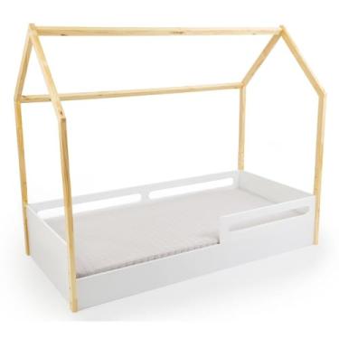 Imagem de Cama Montessoriana Infantil com Casinha Tivoli Divicar em MDF e Madeira Maciça com Grades de Proteção e Pintura UV Atóxica (Branco/Natural)