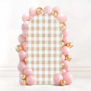 Imagem de Capa de fundo de arco de casamento de 1,8 m, bege, guingão, sem costura, pastel, xadrez, bege, branco, para elastano com elástico em tecido redondo, capas elásticas para decoração de chá de bebê