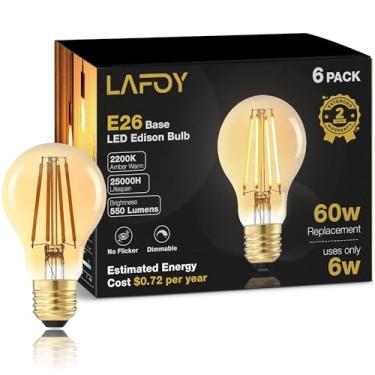 Imagem de Lâmpadas âmbar A19 E26 2200K macias quentes, vintage LED Edison equivalente a 60 watts, substituição de 60 W estilo antigo regulável, lâmpadas de base média de 550 lúmens, pacote com 6 120 V