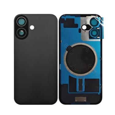 Imagem de 1 peça 2 em 1 tampa traseira de vidro de substituição para iPhone 16 capa de bateria painel de porta de vidro com furo grande peça de substituição com peças pequenas placa de metal magnética (preto)
