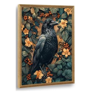 Imagem de ICHZUMW Arte de parede em tela de decoração de corvo gótico, imagens de corvo vitoriano, impressões vintage de William Morris, pôster floral sombrio da Academia, decoração de parede emoldurada